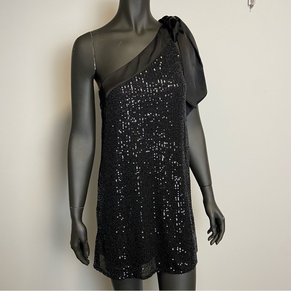 NWT Aakaa Sequins Mini One Shoulder Tie Dress - Picture 1 of 9